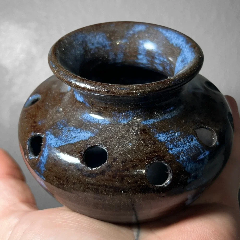 Handmade Studio Pottery Floral Frog Vase Brown Blue Glaze Signed Small Round USA